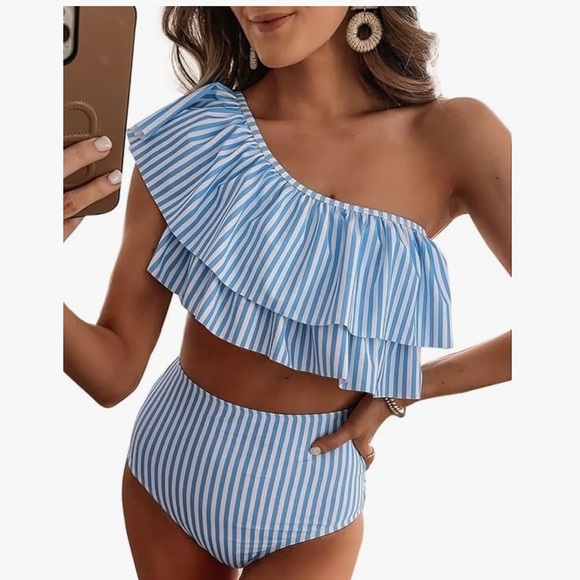 VIMPUNEC Ruffle One Shoulder Swimsuit Striped High Waisted bikini set -XXL - Picture 5 of 5